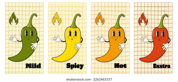 Set of groovy hot chili peppers poster. Hot spicy level labels.Extra, spicy, hot and mild strength in trendy 70s. 60s style.Vector