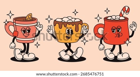 A set of groovy hot Christmas drinks characters in retro style. A cup of tea with lemon and hot chocolate. Flat vector illustration.