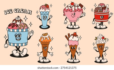 Set of groovy ice cream characters in retro style.