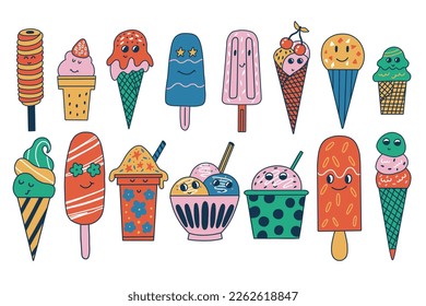 Set Groovy Ice Cream Face. Collection character Retro Sweet Dessert. Vintage summer frozen delicious snack. Vector colorful illustration on white isolated background