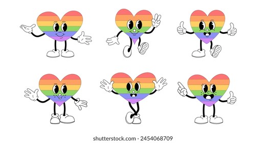 Set with groovy lgbt heart characters isolated on white background. LGBT Pride Month.