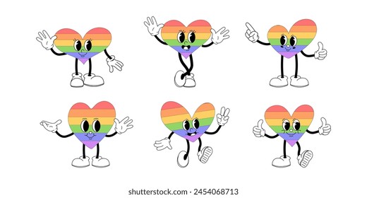 Set with groovy lgbt heart characters isolated on white background. LGBT Pride Month.