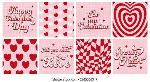 Set groovy lovely cards, posters, backrounds, paterns. Trendy love slogan.  Love concept. Happy Valentine`s day. Trendy retro 60s 70s cartoon style. Pink, red, white colors.