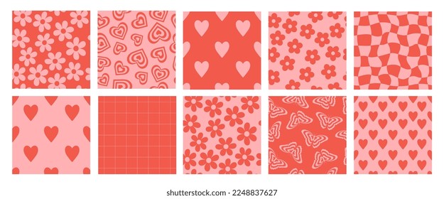 Set of groovy lovely seamless patterns. Love concept. Happy Valentines day. Fun background and texture in trendy retro 60s 70s cartoon style.