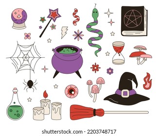 Set of groovy magic objects. A collection of witch elements in retro groovy style. Objects for Halloween