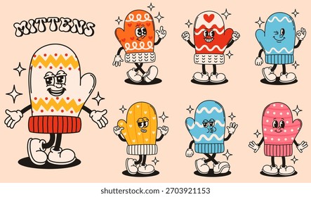 Set of groovy mittens characters. Flat vector illustration.