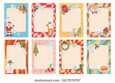 Set of groovy note frames decorated with Christmas stickers. Features playful elements like Santa, tree, wreath and gift designs. Perfect for festive journals, planners or holiday stationery.