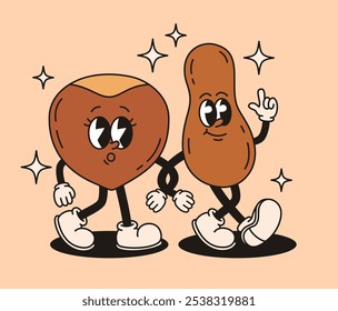 Set of groovy nuts characters. Peanuts and hazelnuts. Flat vector illustration.