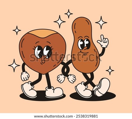 Set of groovy nuts characters. Peanuts and hazelnuts. Flat vector illustration.