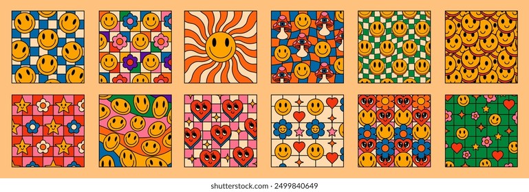 Set Of Groovy Patterns. Collection Of Comic Funny Emoticons Backgrounds. Psychedelic Trippy Vector Illustrations. Pop Art Y2k Cute Smile Prints.