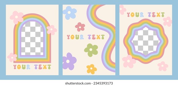 Set groovy post and story template. Cute retro backgrounds with rainbow colors. Social media frame for stories and posts with hippies aesthetic 60-70s. Minimalistic vintage vector art design