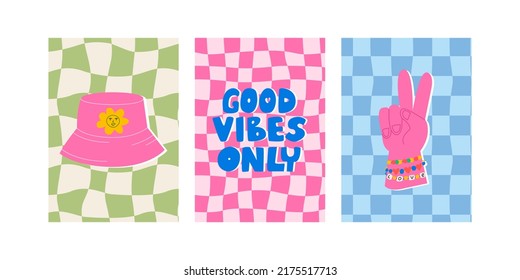 Set Of Groovy Posters In 00s, 90s, Style. Panama Hat, Good Vibes Only Lettering, Peace Sign And Wavy Psychedelic Checkerboard. 