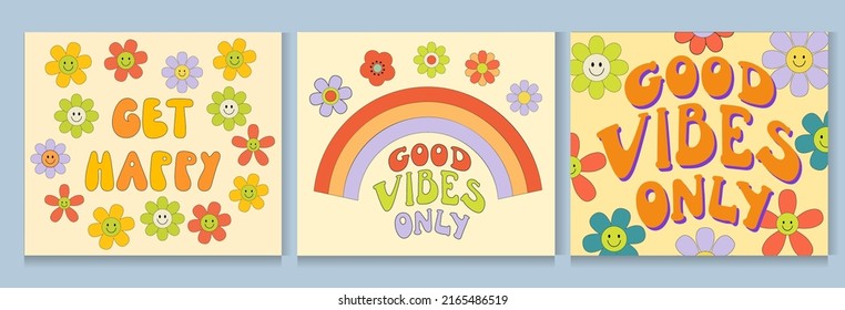 Set of Groovy posters 70s with rainbow and flowers daisy. Retro print with hippie elements. Cartoon vector illustration with lettering Good vibes only