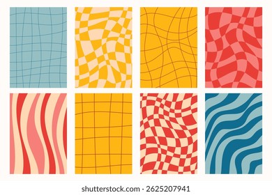 Set of groovy posters with bold checkered and striped patterns in retro style. Vibrant colors, optical flow and vintage vibes.