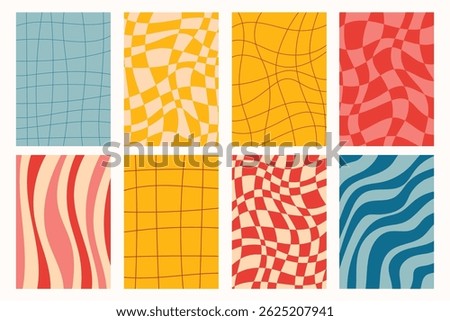 Set of groovy posters with bold checkered and striped patterns in retro style. Vibrant colors, optical flow and vintage vibes.