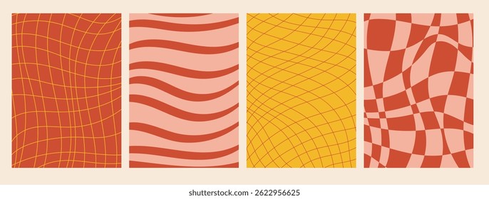 Set of groovy posters with checkered and striped patterns in vibrant retro colors, featuring wavy lines and optical illusions, ideal for vintage inspired decor, design projects, and backgrounds.
