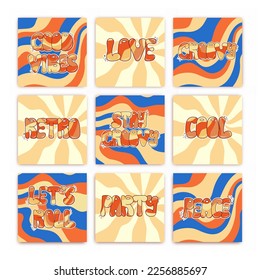 Set of groovy posters on rainbow background. Retro postcards in 70s. Hippie and boho style.