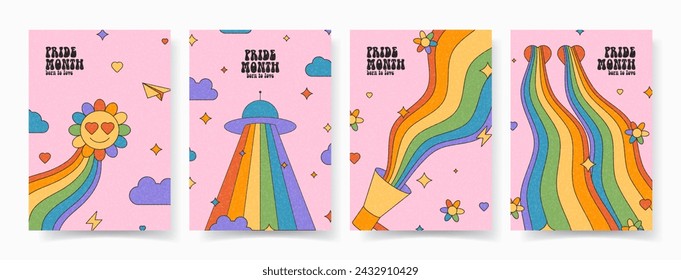 Set of groovy posters for Pride Month. Vector flyers with retro rainbow flag colored elements. Symbols of Pride Month with LGBTQ Flag Colours. Gay parade groovy celebration. Vector illustration.