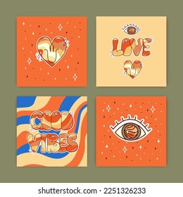 Set of groovy posters. Retro postcards in 70s. Hippie and boho style.