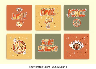 Set of groovy posters. Retro postcards in 70s. Hippie and boho style.