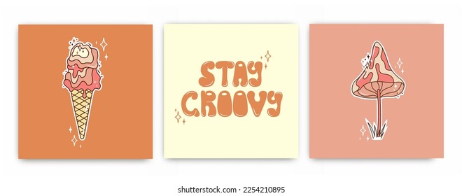 Set of groovy posters. Retro postcards in 70s. Hippie and boho style. Trendy illustrations. Vector.