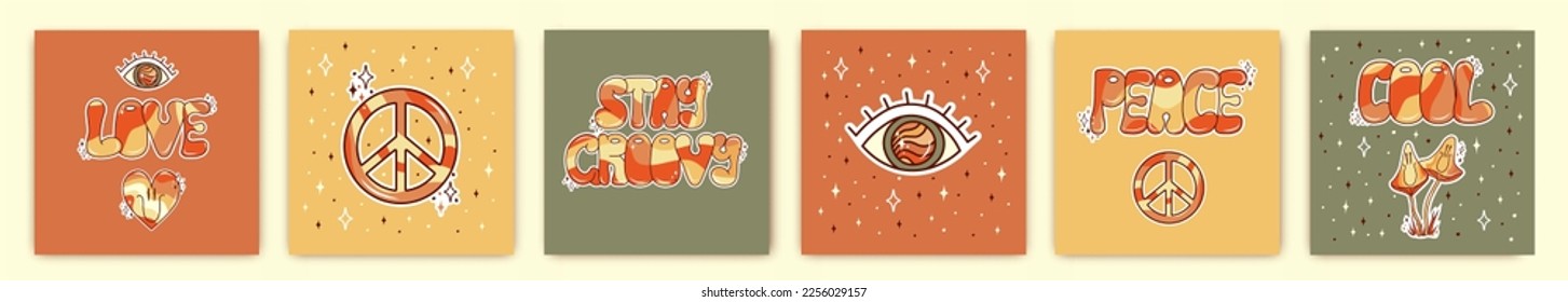 Set of groovy posters. Retro postcards in 70s. Hippie and boho style.