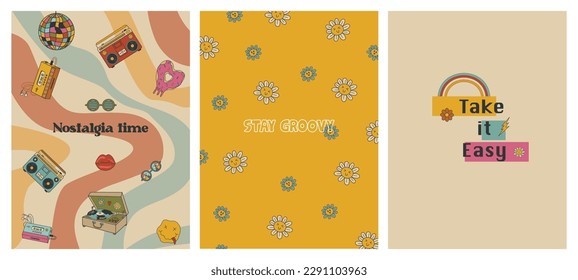 Set of groovy posters. Retro style. Nostalgia vector illustration.