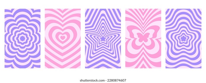Set of groovy psychedelic patterns in y2k style. Posters with repeating flowers, hearts, stars, butterflies in trendy retro 2000s design. Cute vector illustration in pastel colors