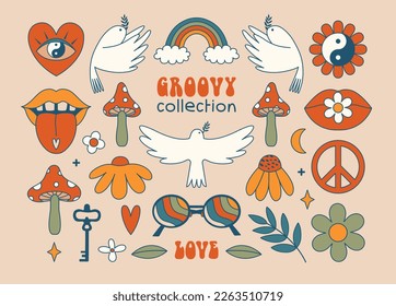 Set of groovy psychedelic stickers. Hippie celestial esoteric illustrations. Flat design. 60's, 70's concept. Modern abstract clip arts with amanita, eye, flower, plant, yin yang, rainbow, lips, dove