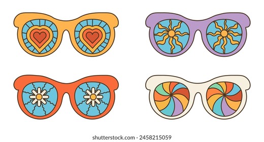 Conjunto de gafas de sol geniales y psicodélicas en estilo hippie retro de los años 70.