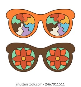 Set groovy, psychedelic sunglasses in 70s retro hippie style.