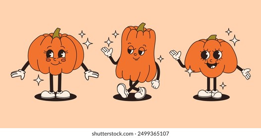 A set of groovy pumpkin characters in retro style. Flat vector illustration.