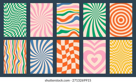 Set of groovy retro 70s backgrounds. Groovy different abstract background. Y2k aesthetic. Social media stories template, web banner