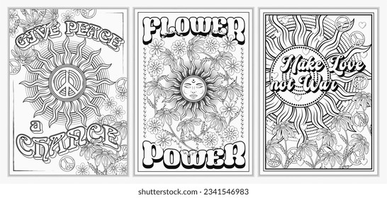 Set of groovy retro A4 posters with sun, sunbeams, chamomile flowers, peace sign, text. Peaceful antiwar concept. Bright summer vintage illustration.