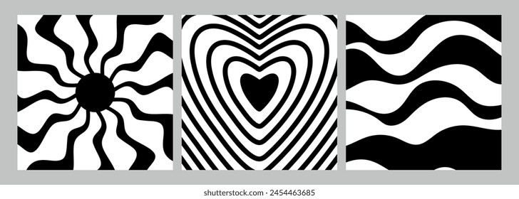 Set of groovy retro backgrounds with sun, heart and waves. Monochrome colors. Vector illustration