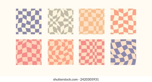 Set of groovy retro backgrounds. Vector illustration. Checkerboard, mesh patterns. Collection of twisted and distorted wallpapers