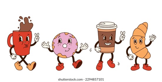 Set groovy retro cartoon coffee characters. Red mug, coffee to go, donut, croissant with eyes and gloved hands. Isolated flat illustration in style 60s 70s