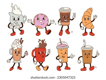 Set groovy retro cartoon coffee characters. Red mug, coffee to go, cappuccino, latte, donut, croissant, milk with eyes and gloved hands. Isolated flat illustration in style 60s 70s