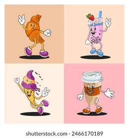 Set groovy retro cartoon food snack characters. coffee mug, croissant with eyes and peace hands, bubble tea and ice cream. Isolated flat illustration in style 60s 70s