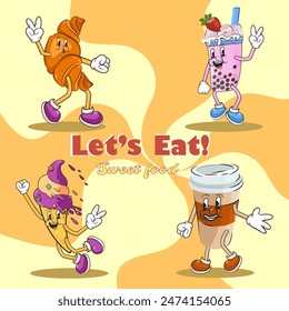 Set groovy retro cartoon food snack characters. Lets eat. coffee mug, croissant with eyes and peace hands, bubble tea and ice cream. Isolated flat illustration in style 60s 70s