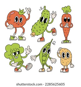 Set of groovy retro cartoon vegetables characters. Collection of cute comics veggie mascots. Hand drawn contour illlstration in 70s retro vibes style.