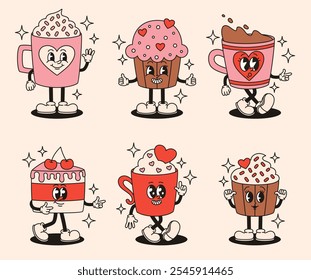 Set of groovy retro characters of sweets and cups of hot chocolate. Flat vector illustration.