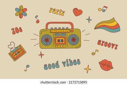 Set of Groovy retro elements with rainbow, recorders, audio cassete, kiss, heart, daisy flower, notes, slogans grovy, good vibes. Isolated vector set icon in 1970s style