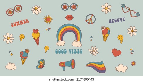 Set of Groovy retro elements with rainbow, megaphone, ice cream, glasses, sun, kiss, cloud, daisy flower, hippie peace symbol, slogan grovy, good vibes. Isolated vector set icon in 1970s style.