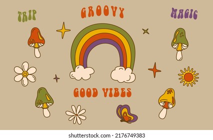 Set of Groovy retro elements with rainbow, mushrooms, daisy flower, slogan groovy, trip, good vibes. Isolated vector illustration in 1970s style for t-shirt, stickers, posters and postcards.