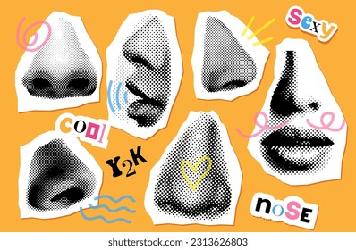 Set of groovy retro halftone collage elements for mixed media design. Different noses in halftone texture, dotted pop art style. Vector illustration of vintage grunge punk crazy art design.