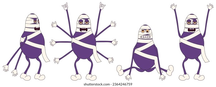 Set of Groovy retro Halloween characters. Funky cool Mummy. Happy Halloween.  Mascot in Trendy Retro Cartoon style. Vector illustration.