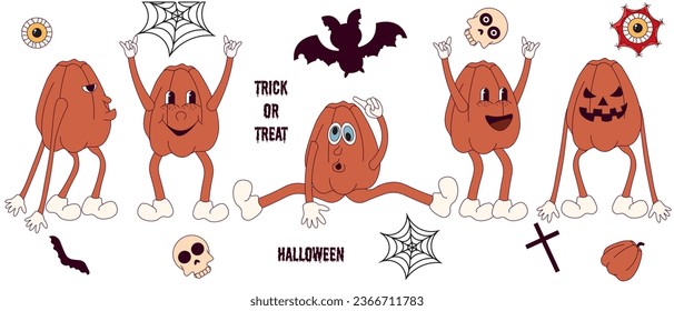 Set of Groovy retro Halloween characters isolated white. Funky cool pumpkins, bat silhouette, spider web, skull. Happy Halloween. Jack lantern in Trendy Retro Cartoon style. Vector illustration.