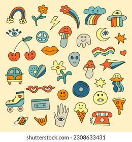 Set of groovy retro icons inspired by 1960s and hippie style. Doodle hipster symbols. Cute psychedelic and funky colored signs.