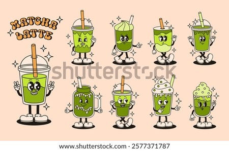 Set of groovy retro matcha latte characters. Flat vector illustration.
